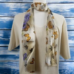 Beige Butterfly Moth Floral Oblong Scarf Shawl Wrap 60" x 14" Korea